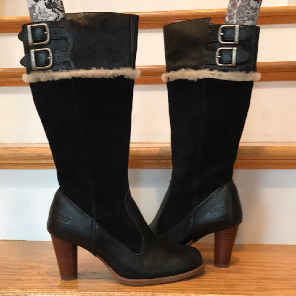 UGG genuine black leather/suede 3” heel boots.